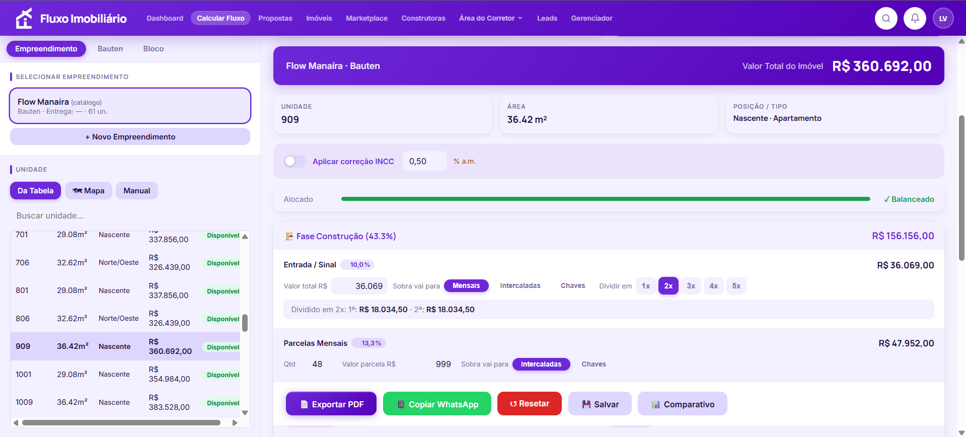 Calculadora de fluxo e pipeline de propostas