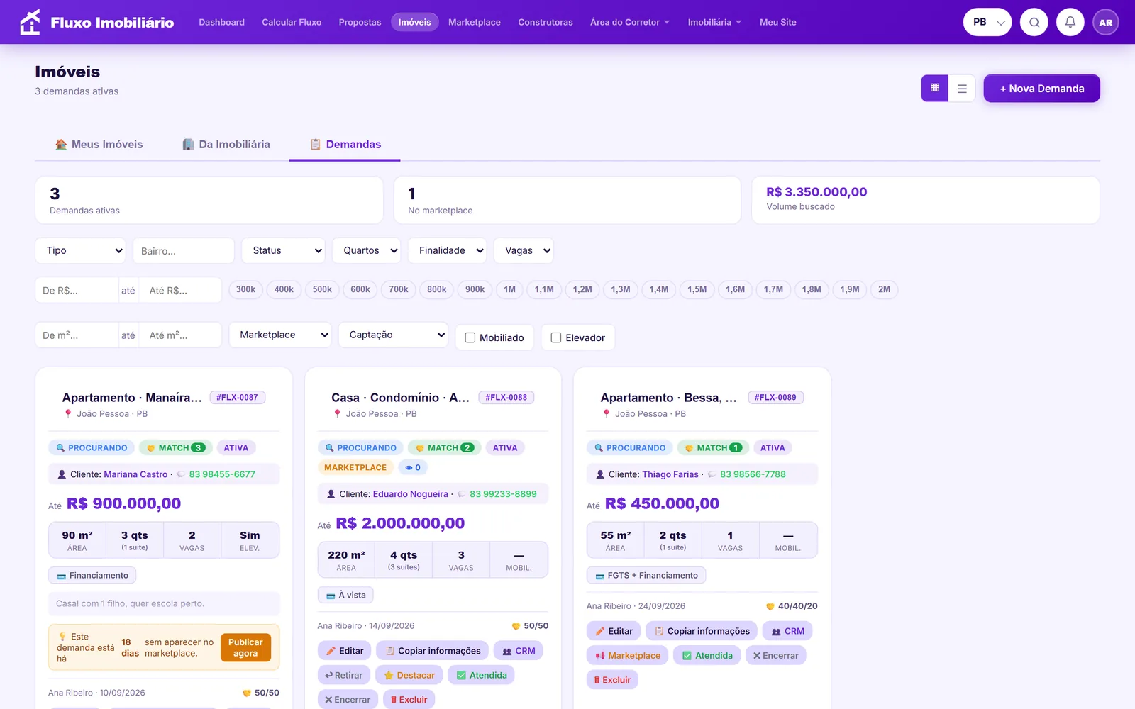 Demandas de clientes com selo de match mostrando imóveis compatíveis