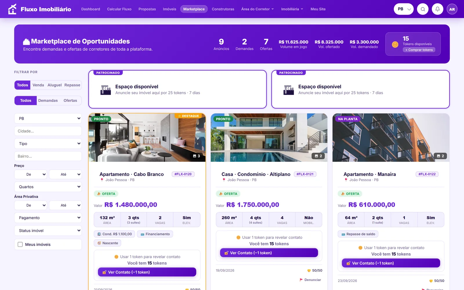Marketplace de ofertas e demandas entre corretores com filtros por região